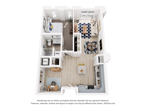 A 3D floor plan of a one bedroom apartment with a kitchen, living room, den and bathroom.